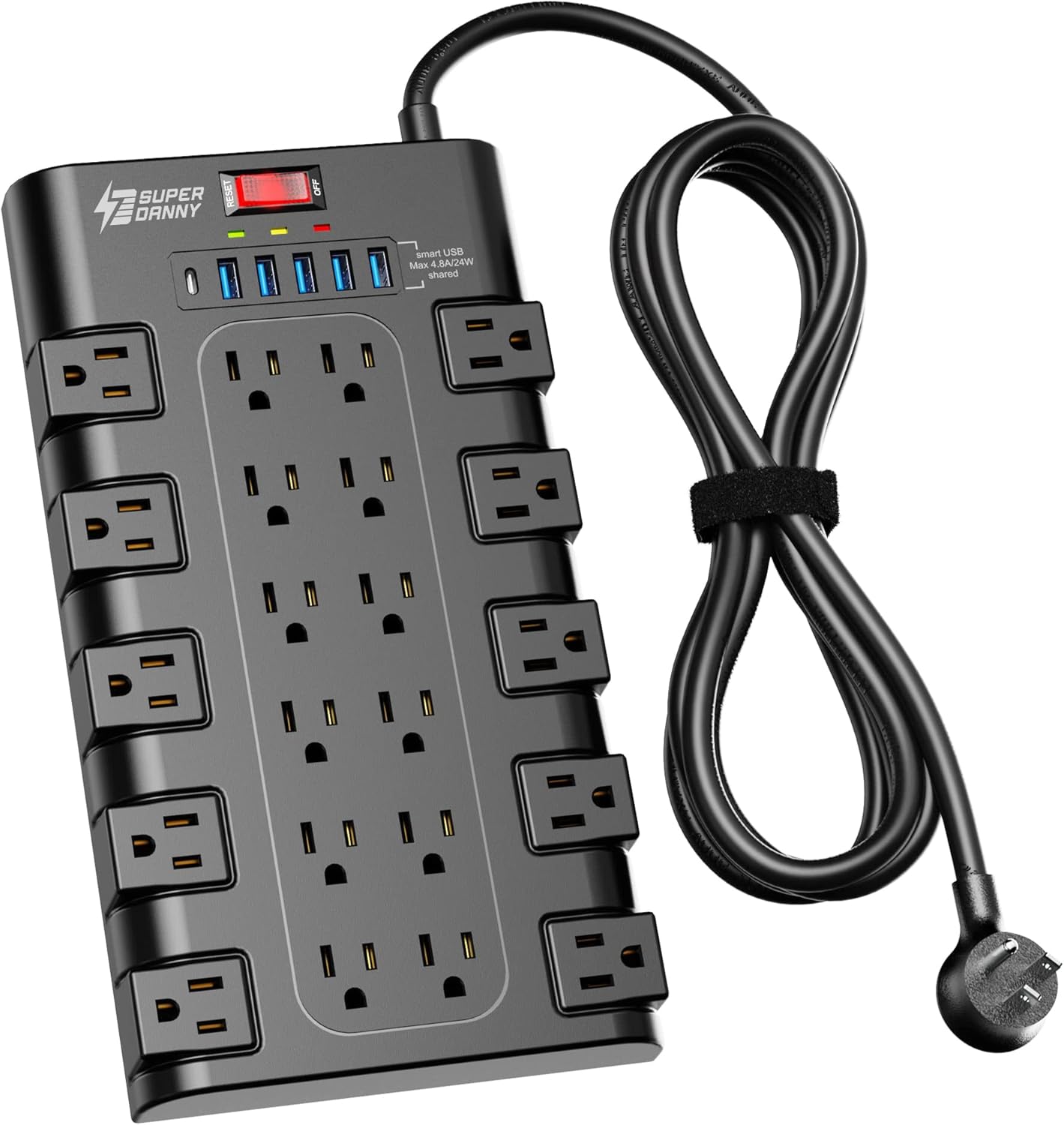 Protector de sobretensiones con 22 salidas de CA y 6 puertos de carga USB, 1875 W/15 A, 2100 julios, cable de extensión de enchufe plano de 6.5