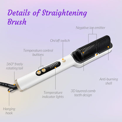 OUDIM Negative Ionic Hair Straightener Brush, Straightener Brush for Women with six Temperature Settings, Precise Temperature Control and Heats up Fast, auto Shuts Off (Silver)