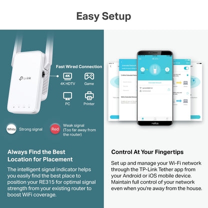 TP-Link AC1200 WiFi Extender, 2025 Wirecutter Best WiFi Extender, 1.2Gbps Home Signal Booster, Dual Band 5GHz/2.4GHz, Up to 1600 Sq.ft and 32 Devices, EasyMesh Compatible, One Ethernet Port (RE315)