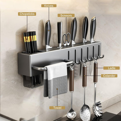 BREIS Kitchen Utensil Holder Wall Mounted, Spice Organizer Shelf, Hanging Storage Rack with Hooks, Cutlery Knife Holder for Knives Spoons Forks Chopsticks Towel 40cm/15.7in (Gray)