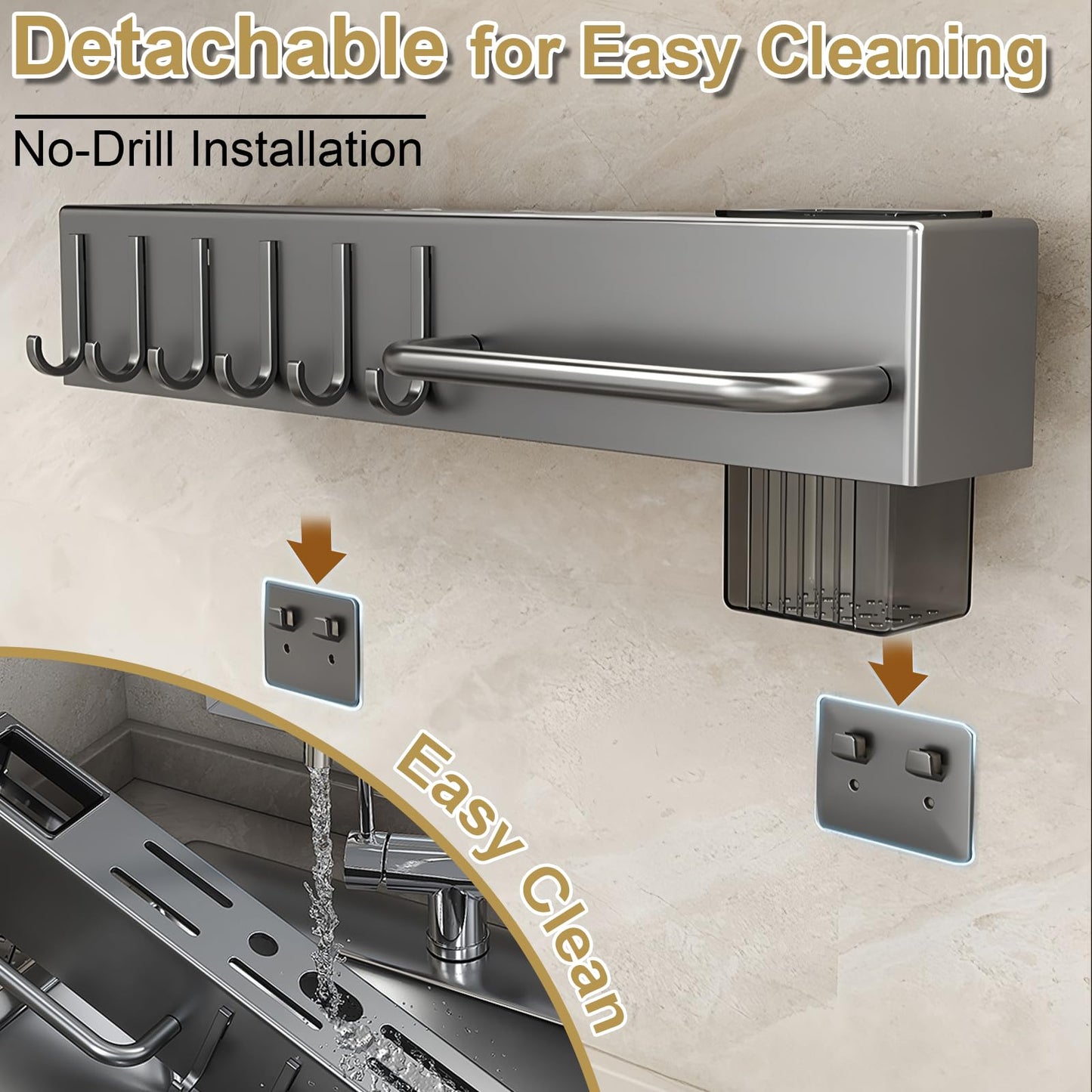 BREIS Kitchen Utensil Holder Wall Mounted, Spice Organizer Shelf, Hanging Storage Rack with Hooks, Cutlery Knife Holder for Knives Spoons Forks Chopsticks Towel 40cm/15.7in (Gray)