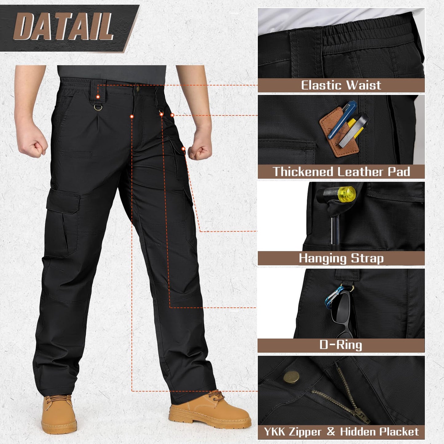 IGOLUMON Men's StretchTactical Pants, Breathable Ripstop Cargo Pants, Outdoor Lightweight EDC Work Hiking Pants, Durable Casual Trousers Black