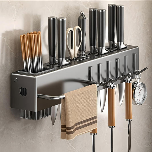 BREIS Kitchen Utensil Holder Wall Mounted, Spice Organizer Shelf, Hanging Storage Rack with Hooks, Cutlery Knife Holder for Knives Spoons Forks Chopsticks Towel 40cm/15.7in (Gray)