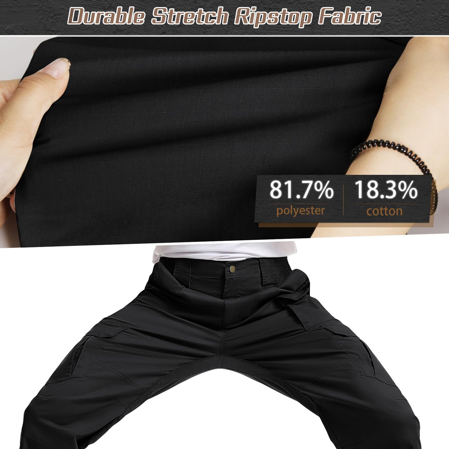 IGOLUMON Men's StretchTactical Pants, Breathable Ripstop Cargo Pants, Outdoor Lightweight EDC Work Hiking Pants, Durable Casual Trousers Black