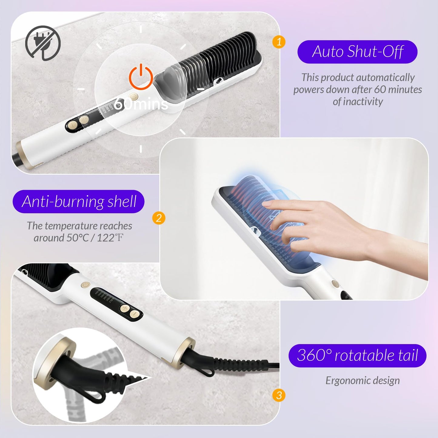 OUDIM Negative Ionic Hair Straightener Brush, Straightener Brush for Women with six Temperature Settings, Precise Temperature Control and Heats up Fast, auto Shuts Off (Silver)