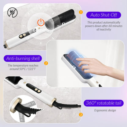 OUDIM Negative Ionic Hair Straightener Brush, Straightener Brush for Women with six Temperature Settings, Precise Temperature Control and Heats up Fast, auto Shuts Off (Silver)