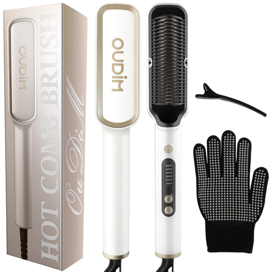 OUDIM Negative Ionic Hair Straightener Brush, Straightener Brush for Women with six Temperature Settings, Precise Temperature Control and Heats up Fast, auto Shuts Off (Silver)