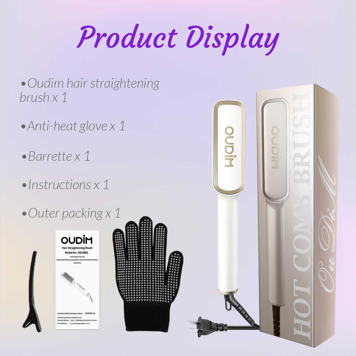 OUDIM Negative Ionic Hair Straightener Brush, Straightener Brush for Women with six Temperature Settings, Precise Temperature Control and Heats up Fast, auto Shuts Off (Silver)