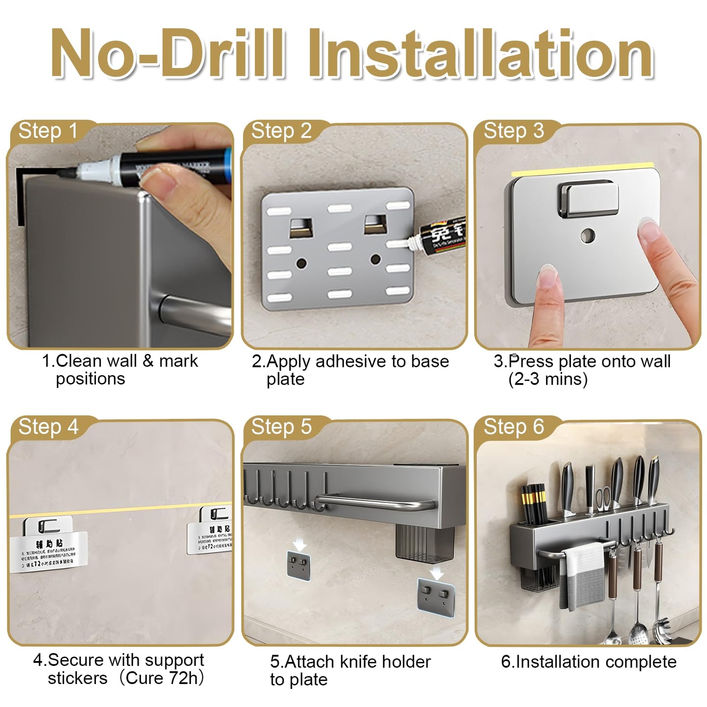 BREIS Kitchen Utensil Holder Wall Mounted, Spice Organizer Shelf, Hanging Storage Rack with Hooks, Cutlery Knife Holder for Knives Spoons Forks Chopsticks Towel 40cm/15.7in (Gray)