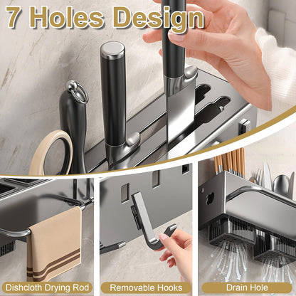 BREIS Kitchen Utensil Holder Wall Mounted, Spice Organizer Shelf, Hanging Storage Rack with Hooks, Cutlery Knife Holder for Knives Spoons Forks Chopsticks Towel 40cm/15.7in (Gray)