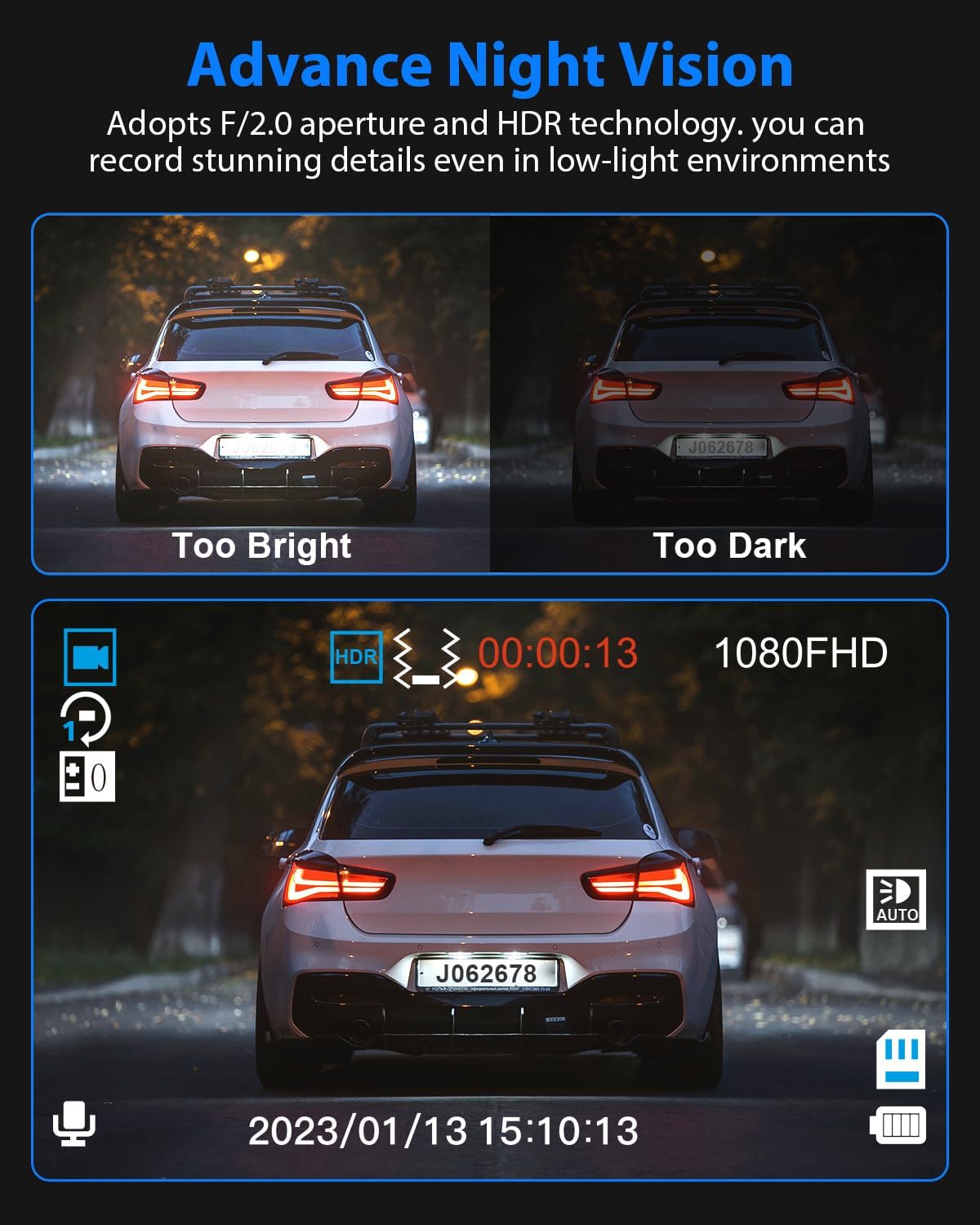 Dash Cam Front and Rear, 1080P Dash Camera for Cars, 3 Channel Car Camera Front Rear and Inside with 32GB Card, Loop Recording, Night Vision, HDR, 24Hr Parking, G-Sensor