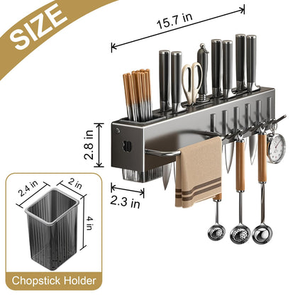 BREIS Kitchen Utensil Holder Wall Mounted, Spice Organizer Shelf, Hanging Storage Rack with Hooks, Cutlery Knife Holder for Knives Spoons Forks Chopsticks Towel 40cm/15.7in (Gray)