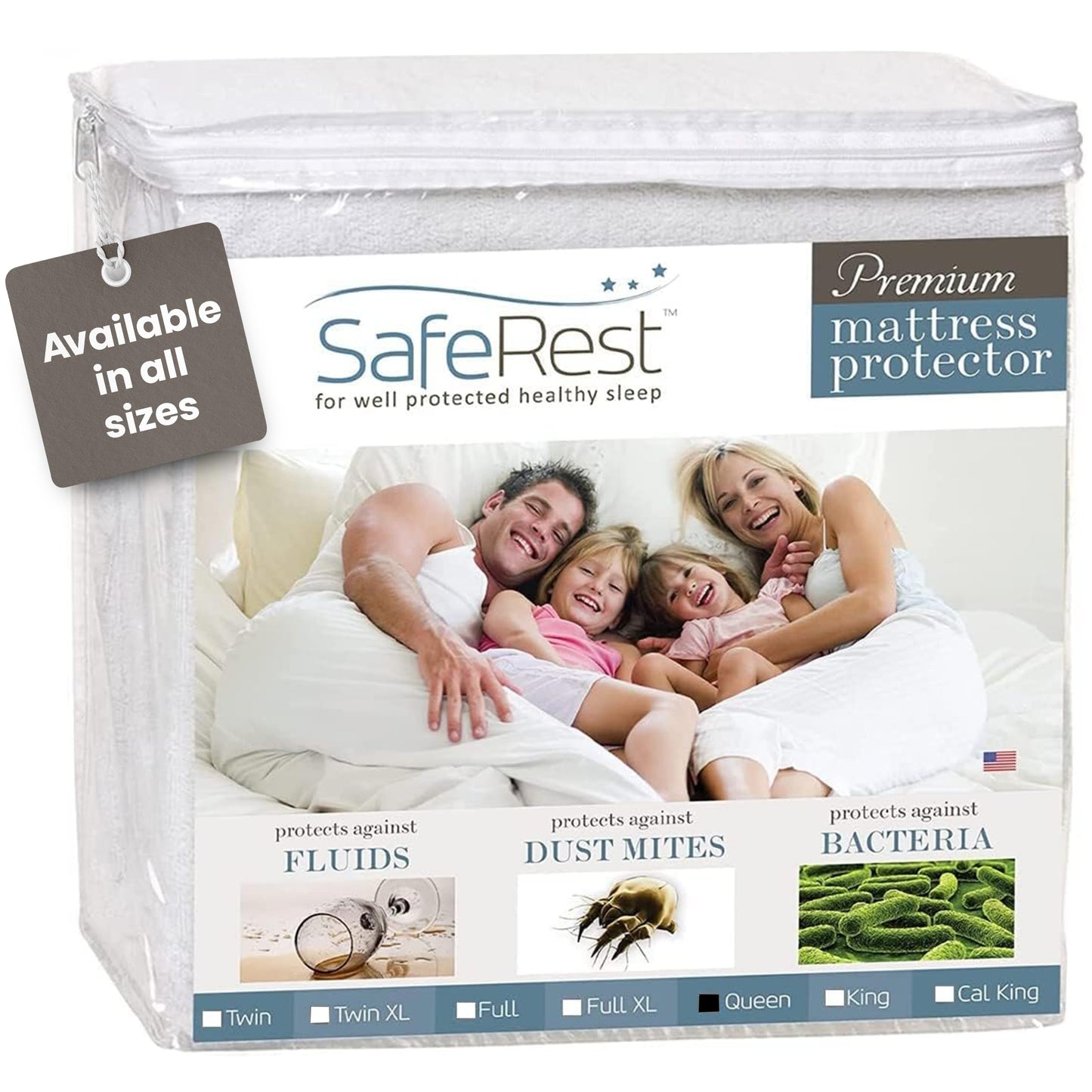 SafeRest Waterproof Queen Size Mattress Protector - Fitted with Stretchable Pockets - Machine Washable Cotton Mattress Cover for Bed
