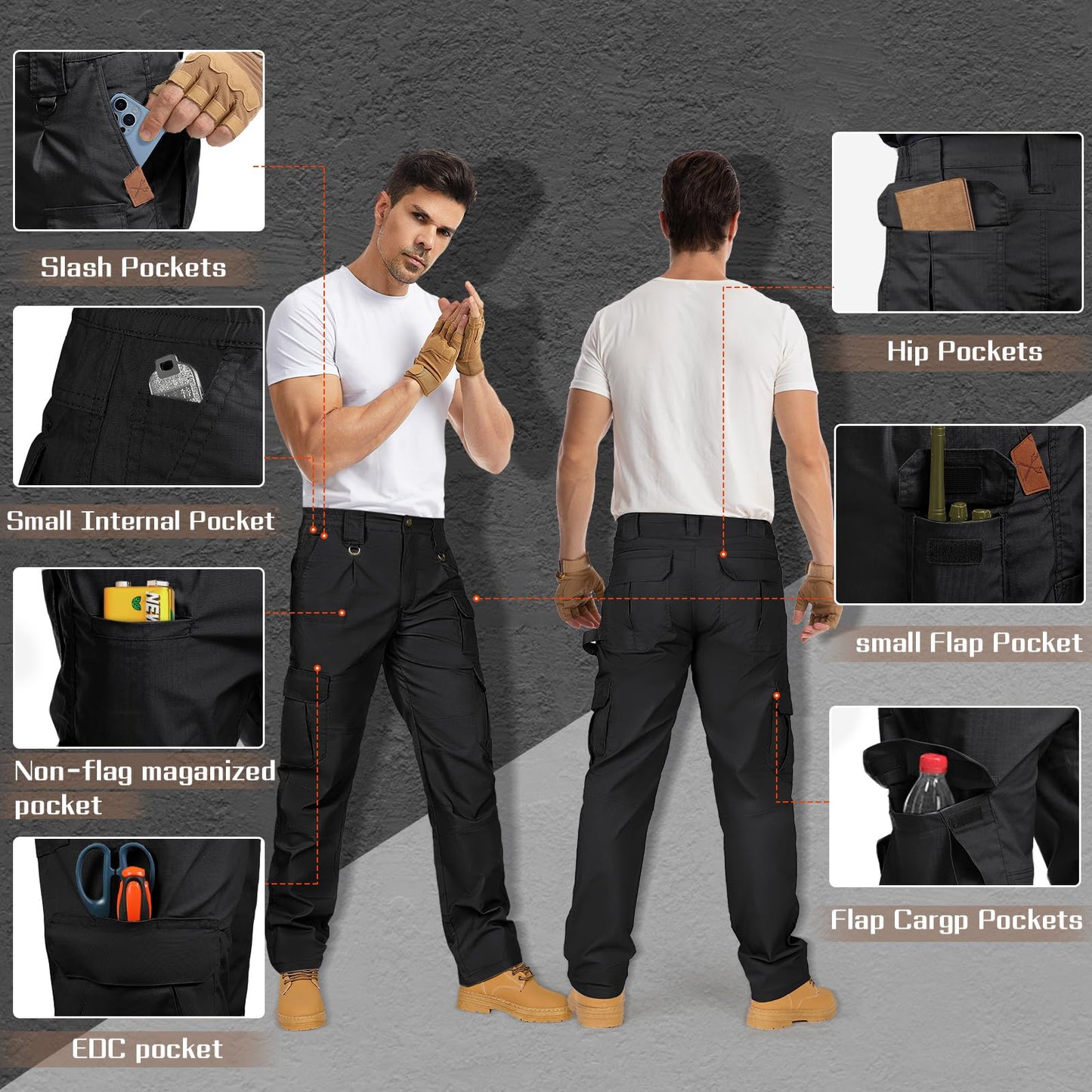 IGOLUMON Men's StretchTactical Pants, Breathable Ripstop Cargo Pants, Outdoor Lightweight EDC Work Hiking Pants, Durable Casual Trousers Black